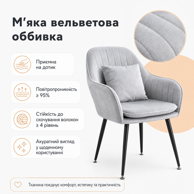 Набор стульев RIAS DSF-684 с вельветовой обивкой и металлическими ножками 2 шт Light Grey (3_08609) - Фото 4 Набор стульев RIAS DSF-684 с вельветовой обивкой и металлическими ножками 2 шт Light Grey (3_08609) - изображение 4