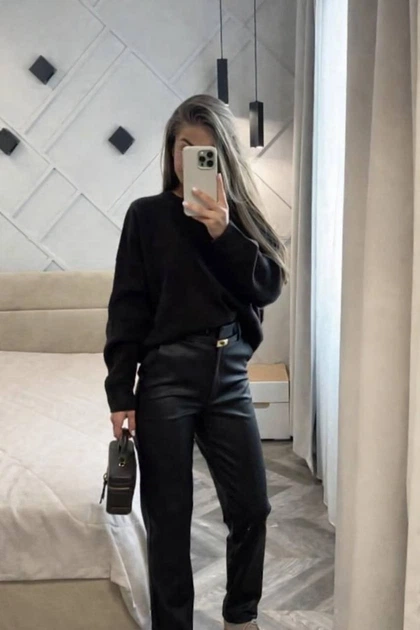Брюки женские из экокожи с высокой посадкой и резинкой сзади G&M k-132697 46-48 Размер цвет черный - изображение 4