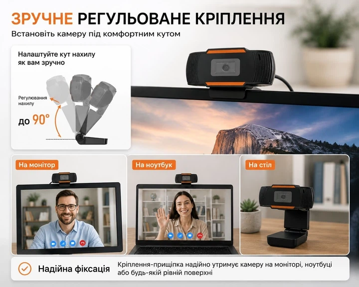 Веб-камера Okey HD 720P з автофокусом і мікрофоном, USB, для відеозв'язку та онлайн-навчання Black/Orange - изображение 5