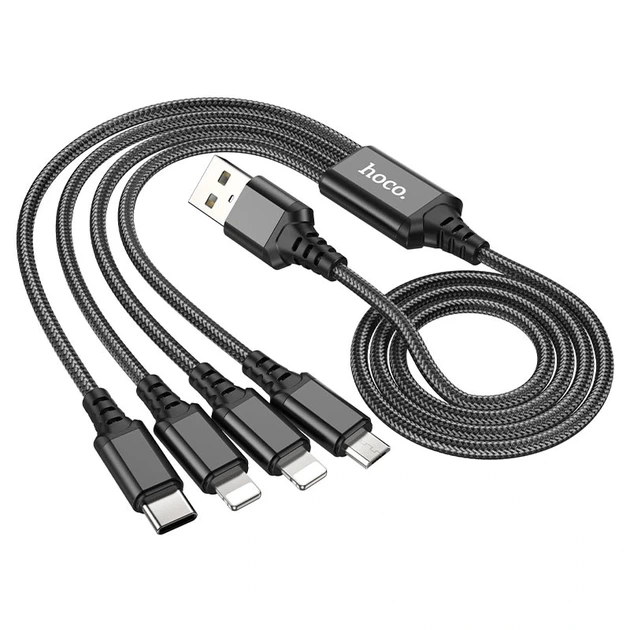 Кабель HOCO X76 4-in-1 Super charging cable (iP+iP+Type-C+Micro) Black - Фото 4 Кабель HOCO X76 4-in-1 Super charging cable (iP+iP+Type-C+Micro) Black - изображение 4