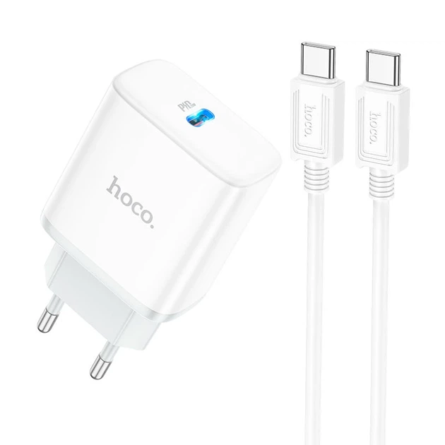Мережевий зарядний пристрій з кабелем HOCO C104A Stage single port PD20W charger set (Type-C to Type-C) (EU) White - Фото 1 Мережевий зарядний пристрій з кабелем HOCO C104A Stage single port PD20W charger set (Type-C to Type-C) (EU) White - зображення 1