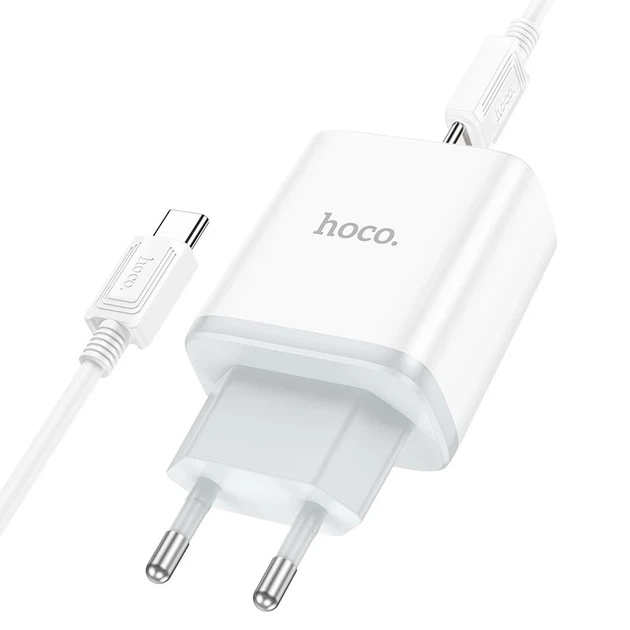Мережевий зарядний пристрій з кабелем HOCO C104A Stage single port PD20W charger set (Type-C to Type-C) (EU) White - Фото 3 Мережевий зарядний пристрій з кабелем HOCO C104A Stage single port PD20W charger set (Type-C to Type-C) (EU) White - зображення 3