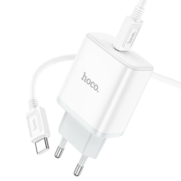 Мережевий зарядний пристрій з кабелем HOCO C104A Stage single port PD20W charger set (Type-C to Type-C) (EU) White - Фото 4 Мережевий зарядний пристрій з кабелем HOCO C104A Stage single port PD20W charger set (Type-C to Type-C) (EU) White - зображення 4