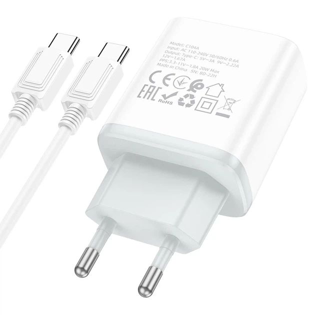 Мережевий зарядний пристрій з кабелем HOCO C104A Stage single port PD20W charger set (Type-C to Type-C) (EU) White - Фото 5 Мережевий зарядний пристрій з кабелем HOCO C104A Stage single port PD20W charger set (Type-C to Type-C) (EU) White - зображення 5