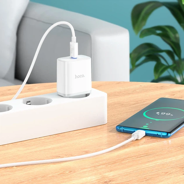 Мережевий зарядний пристрій з кабелем HOCO C104A Stage single port PD20W charger set (Type-C to Type-C) (EU) White - Фото 9 Мережевий зарядний пристрій з кабелем HOCO C104A Stage single port PD20W charger set (Type-C to Type-C) (EU) White - зображення 9