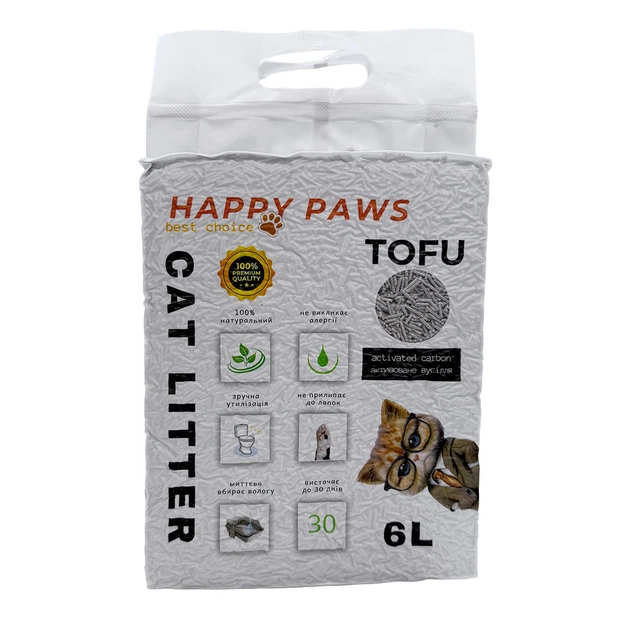 Наповнювач тофу HAPPY PAWS для котячих туалетів з активованим вугіллям 6л/2,6кг - Фото 4 Наповнювач тофу HAPPY PAWS для котячих туалетів з активованим вугіллям 6л/2,6кг - зображення 4