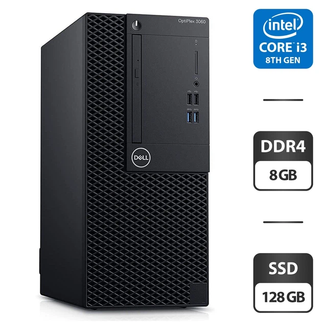 Компьютер Dell OptiPlex 3060 Tower / Intel Core i3-8100 (4 ядра по 3.6 GHz) / 8 GB DDR4 / 128 GB SSD / Intel UHD Graphics 630 / DVD-ROM б/у - Фото 1 Компьютер Dell OptiPlex 3060 Tower / Intel Core i3-8100 (4 ядра по 3.6 GHz) / 8 GB DDR4 / 128 GB SSD / Intel UHD Graphics 630 / DVD-ROM б/у - изображение 1