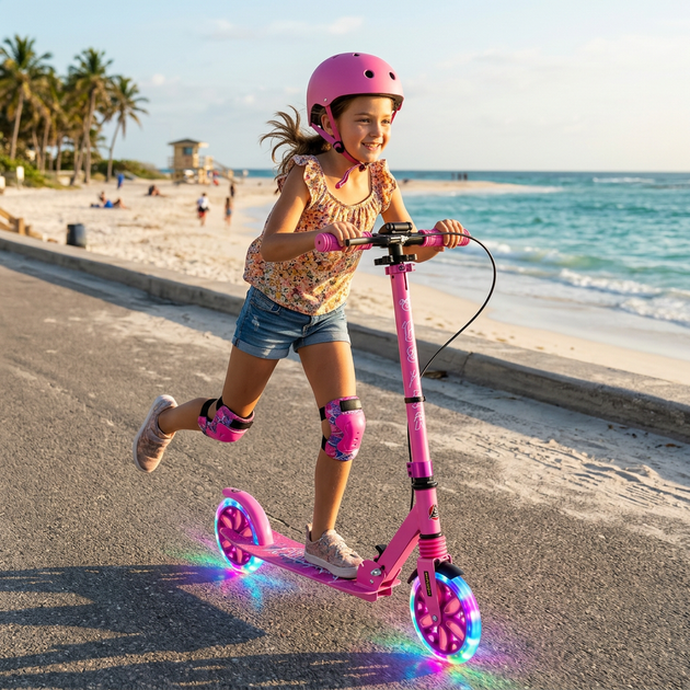 Самокат двухколесный складной розовый с светящимися колесами 200мм Scooter Pusher 5351 Pink - изображение 10