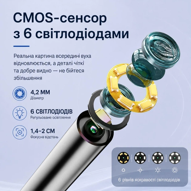 Цифровой отоскоп со встроенным 1.38 HD-экраном Камера для визы Отоскоп с 6 светодиодами и насадками для взрослых и детей 2600 мАч - изображение 3