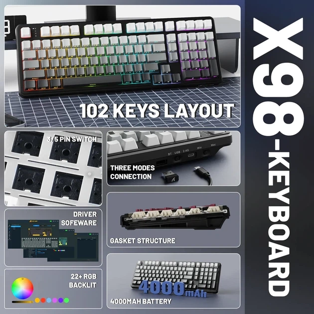 Клавиатура беспроводная ATTACK SHARK X98 Blueberry RGB USB/Bluetooth/Wireless Moonlight Night (X98ML_AS) - Фото 11 Клавиатура беспроводная ATTACK SHARK X98 Blueberry RGB USB/Bluetooth/Wireless Moonlight Night (X98ML_AS) - изображение 11