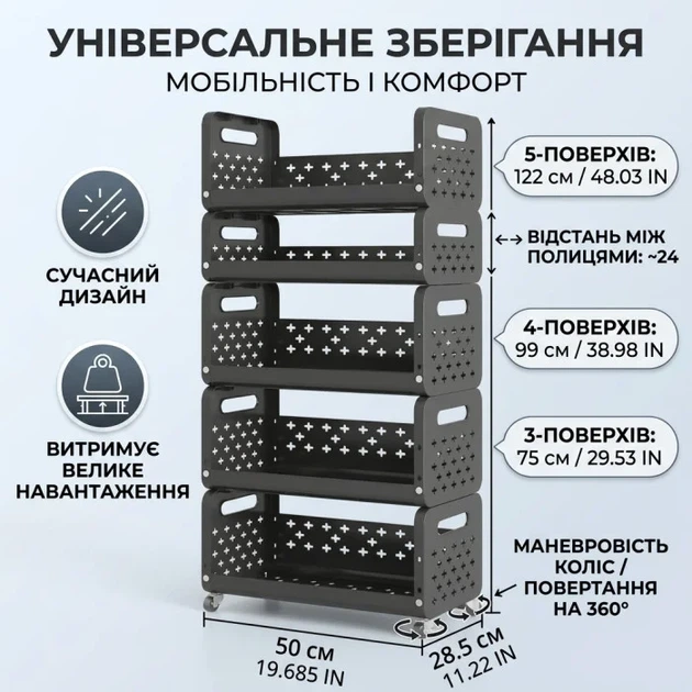 Стелаж для зберігання на колесах YH9911-5 на 5 ярусів (122х50х28.5 см) — Підлогова етажерка-органайзер для кухні, ванної та дому, чорний - изображение 2