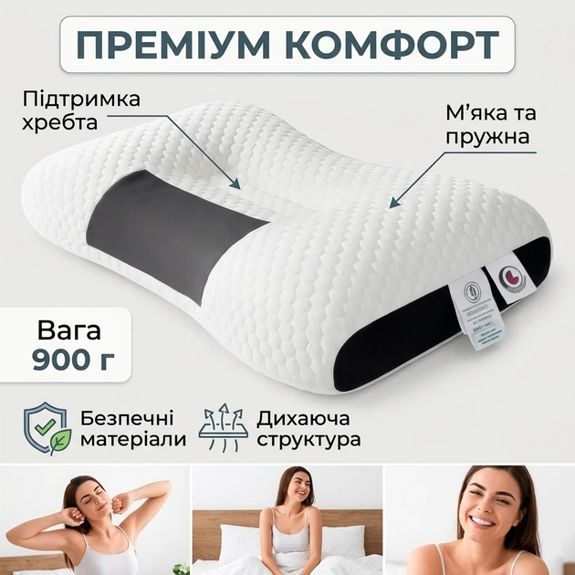 Ортопедична анатомічна подушка для сну 60х40х8 см (900 г) — Гіпоалергенна подушка з ефектом пам'яті під шию та голову зі знімним чохлом - изображение 2