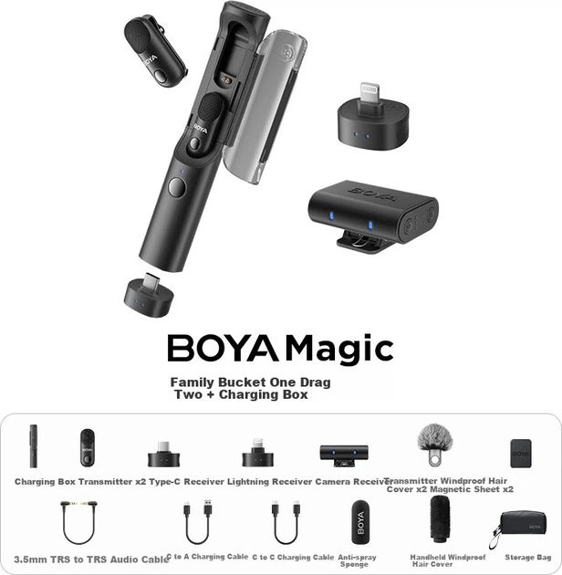 Трансформований мікрофон BOYA Magic, бездротовий петличний, настільний ручний мікрофон, короткі відео в прямому ефірі з шумозаглушенням AI, міні-аудіомікрофон, маленький мікрофон, повний комплект - изображение 7