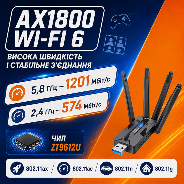 Wi-Fi адаптер 2.4/5 ГГц сетевая карта беспроводной Wi Fi адаптер сетевой модуль USB 3.0 двухдиапазонный WiFi ресивер 2.4G/5G Kayfovo WA-AX-1800M-2 - изображение 2