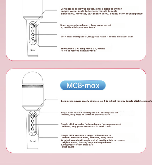 Микрофон-колонка Soaiy MC8 Duet Bluetooth для караоке, розовая - изображение 11