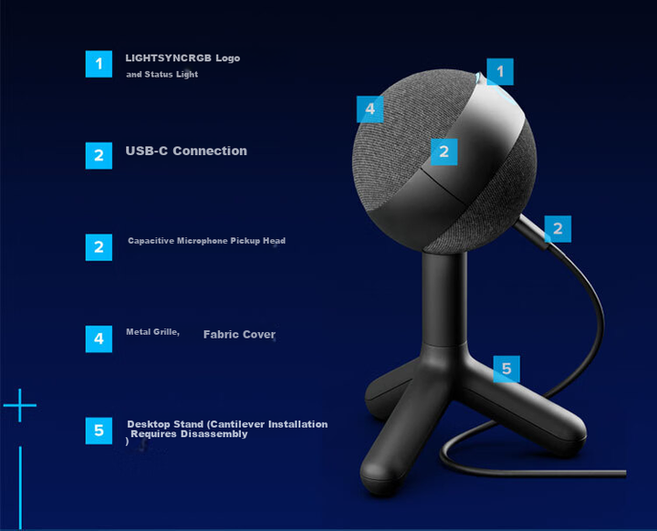 Игровой микрофон Logitech Yeti Orb с USB-подключением, конденсатором, RGB-подсветкой, профессиональный микрофон для караоке, записи, записи, использования на ноутбуке, смартфоне, для игр, интернет-трансляций и выступлений знаменитостей. - изображение 8