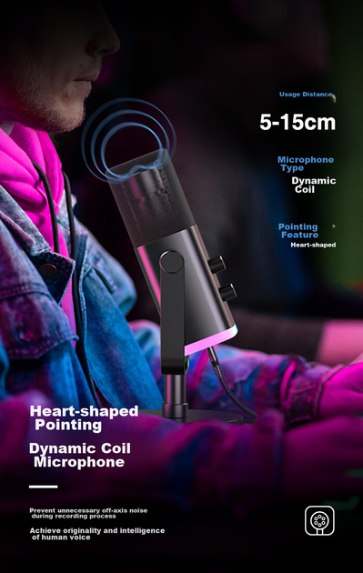 Мікрофон FIFINE AM8 USB настільний з RGB-підсвіткою, шумозаглушення, чорний - Фото 10 Мікрофон FIFINE AM8 USB настільний з RGB-підсвіткою, шумозаглушення, чорний - зображення 10