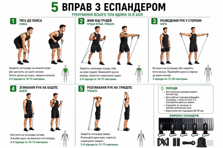 Універсальний комплект еспандерів із 5 рівнями опору - Фото 2 Універсальний комплект еспандерів із 5 рівнями опору - зображення 2