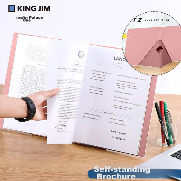 KINGJIM Самоподдерживающаяся папка для документов формата A4, органайзер для офиса, утолщенный полипропиленовый материал, прозрачные внутренние карманы, зеленый цвет, горизонтальная подставка, 20 карманов - изображение 4