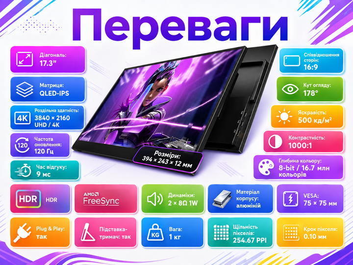 Портативний моніто для використання як другого екрана UPERFECT 17.3″ 4K 120Hz QLED-IPS Додатковий екран для різних пристроїв - зображення 9