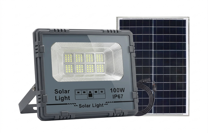 Прожектор на солнечной батарее 100 Вт 120 LED SMD с выносной панелью IP67 автономное уличное освещение двора гаража и крыльца с пультом регулировкой яркости сменой режимов и таймером Чёрный - изображение 2