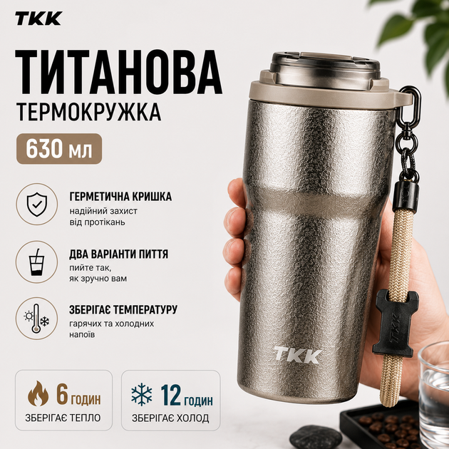 Термокружка TKK Titanium 630 мл (Бежевый металлик) - титановая чашка для кофе и чая с герметичной крышкой в подарочной упаковке - изображение 6