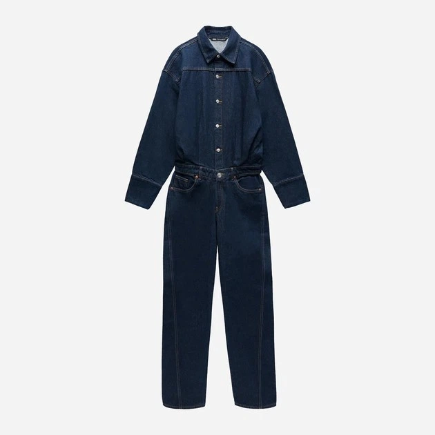 Женский джинсовый комбинезон Zara модель 8197/287/443 темно-синего цвета размер XL с длинными рукавами и брюками прямого кроя на пуговицах - изображение 2