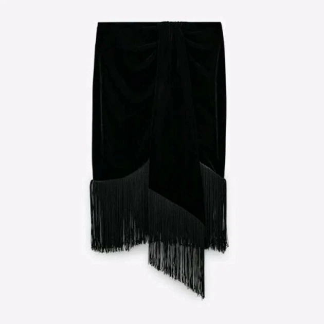 Юбка мини Zara черная из бархата полиэстер бахрома по нижнему краю декоративный бант спереди и сборка скрытая застежка молния размер M - изображение 7