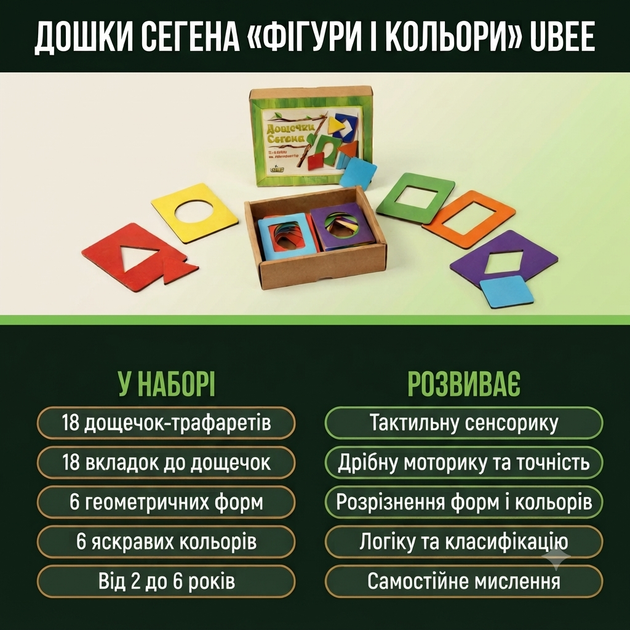 Дерев'яні дошки Сегена Ubee, навчальний геометричний сортер 18 деталей - зображення 8