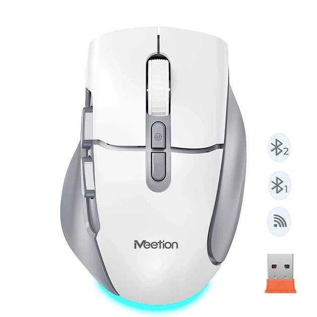 Компьютерная мышь Meetion беспроводная 2.4G + Bluetooth игровая 800–2400 dpi 7 кнопок RGB бело-серая (BTM001) - изображение 2
