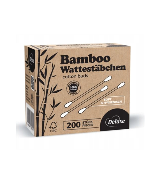 Вушні ватні палички Deluxe EcoBamboo Watterstabchen 200 штук в картонній коробці 4260504880744 - Фото 1 Вушні ватні палички Deluxe EcoBamboo Watterstabchen 200 штук в картонній коробці 4260504880744 - изображение 1