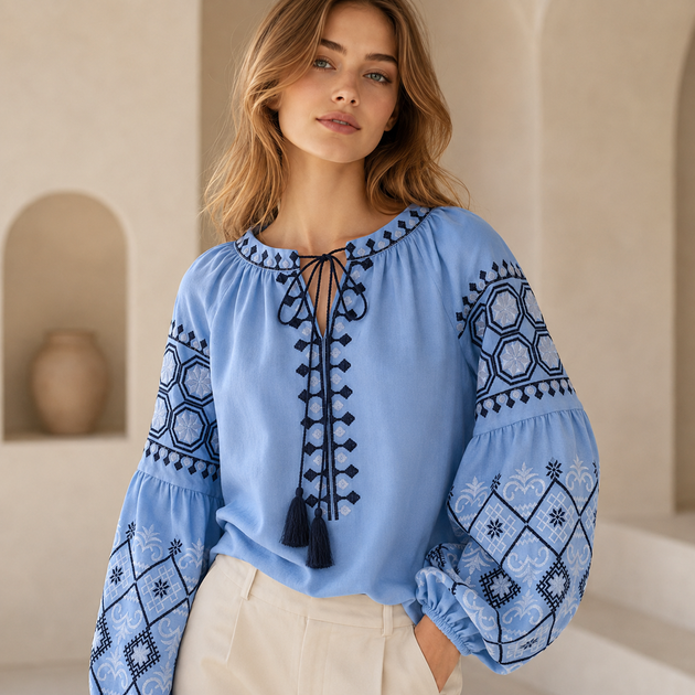 Вышиванка женская вышитая блузка бохо Голубая One size - изображение 2
