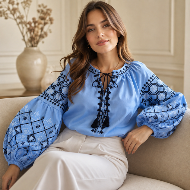Вышиванка женская вышитая блузка бохо Голубая One size - изображение 3