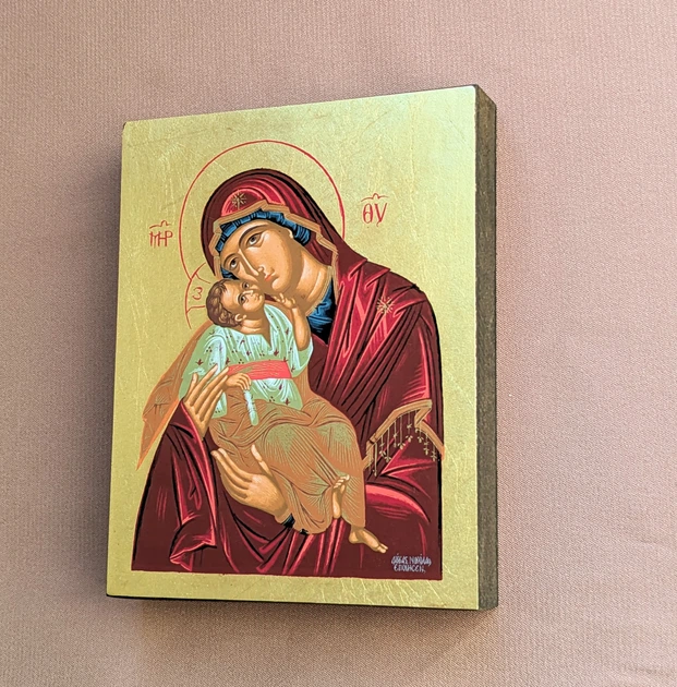 Маленька писана ікона Божої Матері Глікофілуса (Солодке Лобзання) 9×11,5 см - Фото 4 Маленька писана ікона Божої Матері Глікофілуса (Солодке Лобзання) 9×11,5 см - зображення 4