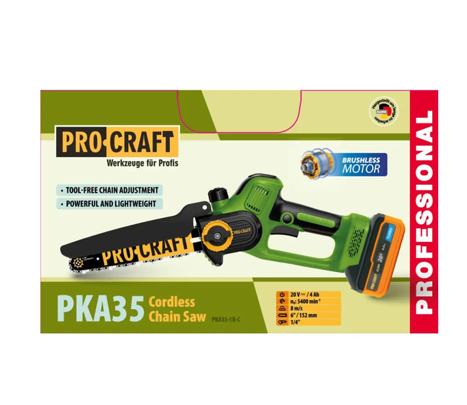Аккумуляторная цепная пила Procraft PKA35 20 В бесщеточная мини пила шина 6 дюймов 152 мм скорость цепи 8 м с 5400 об мин с АКБ 4 А·ч TURBO зарядным устройством слайдерного типа автоматической смазкой для обрезки деревьев веток дров - изображение 3