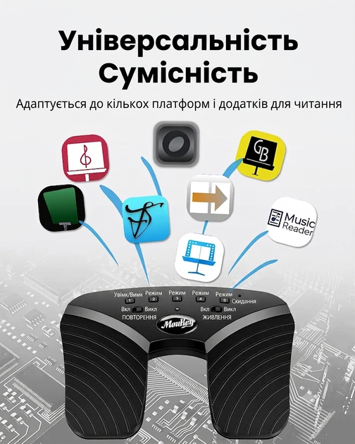 Беспроводная педаль Moukey для пролистывания страниц — Bluetooth, 5 режимов, аккумулятор 50+ часов - изображение 5
