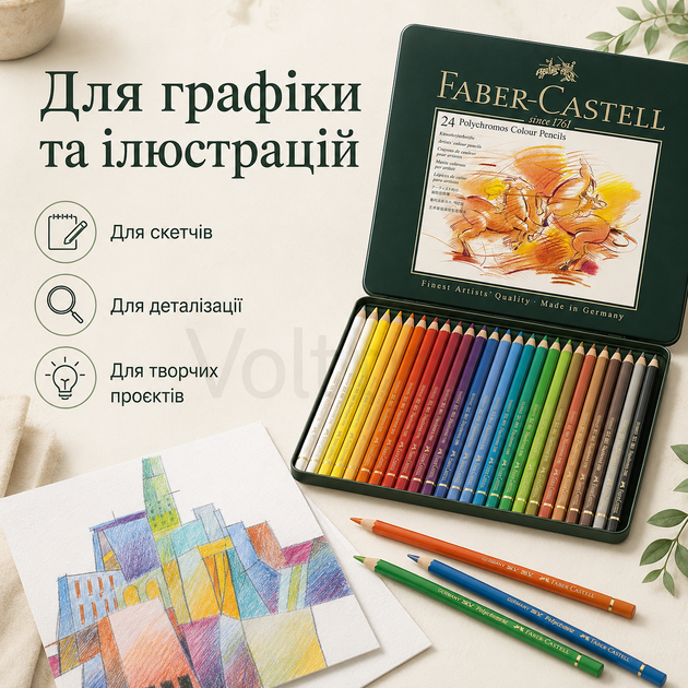 Набор цветных карандашей Faber-Castell Polychromos 24 шт профессиональные в металлическом пенале - изображение 4