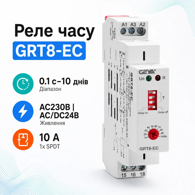 Реле времени таймер 0.1с-10дней AC220В DC24В 10A, GEYA GRT8-EC - Фото 1 Реле времени таймер 0.1с-10дней AC220В DC24В 10A, GEYA GRT8-EC - изображение 1