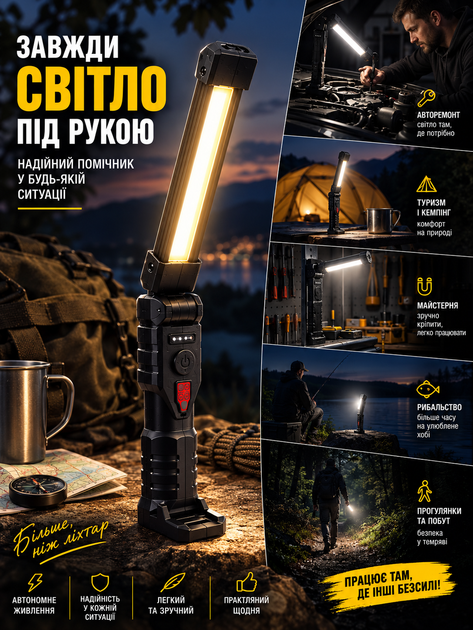 Фонарь аккумуляторный для дома ручной светодиодный LED фонарик лампа аккумуляторная с USB Type C зарядкой магнитом крючком поворотный рабочий светильник для ремонта гаража автомобиля кемпинга аварийного освещения 400 lm COB 5 режимов яркий переносной - Фото 3 Фонарь аккумуляторный для дома ручной светодиодный LED фонарик лампа аккумуляторная с USB Type C зарядкой магнитом крючком поворотный рабочий светильник для ремонта гаража автомобиля кемпинга аварийного освещения 400 lm COB 5 режимов яркий переносной - изображение 3