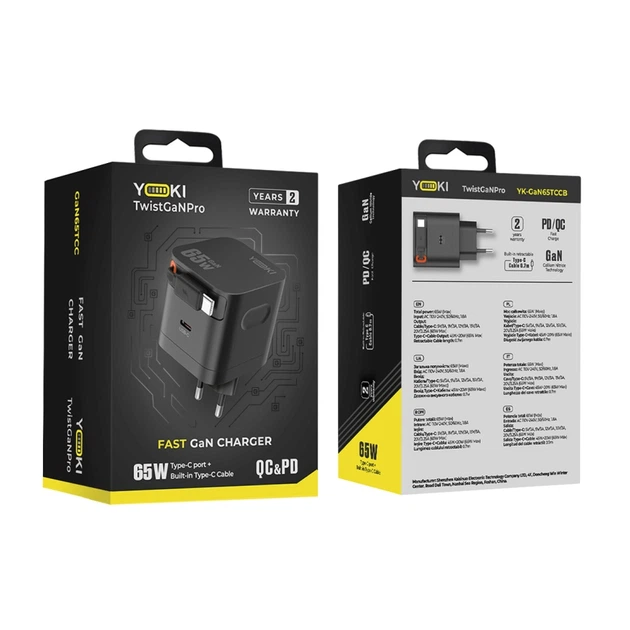 Сетевое Зарядное Устройство Yoki TwistGanPro YK-GaN65TCC 1 Type-C+1 выдвижной Cable Type-C PD&QC 65W Черный - изображение 2