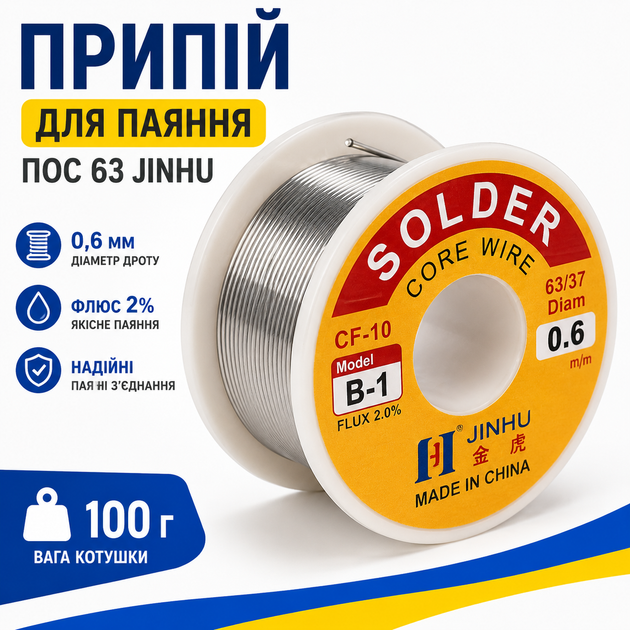 Припій для пайки ПОС 63, 0.6мм з флюсом, котушка 100г JINHU 670093 - Фото 1 Припій для пайки ПОС 63, 0.6мм з флюсом, котушка 100г JINHU 670093 - зображення 1