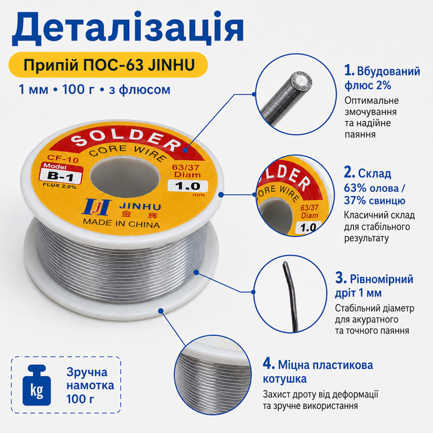 Припій для паяння ПІС 63, 1мм з флюсом, котушка 100г JINHU 670092 - зображення 4