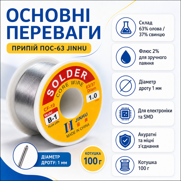 Припій для паяння ПІС 63, 1мм з флюсом, котушка 100г JINHU 670092 - зображення 5