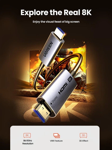 Кабель UGREEN HD183 HDMI to HDMI 2.1 8K@60Hz/4K@144Hz/2K@240Hz HDR10 VRR 10m Black (55504) - зображення 5