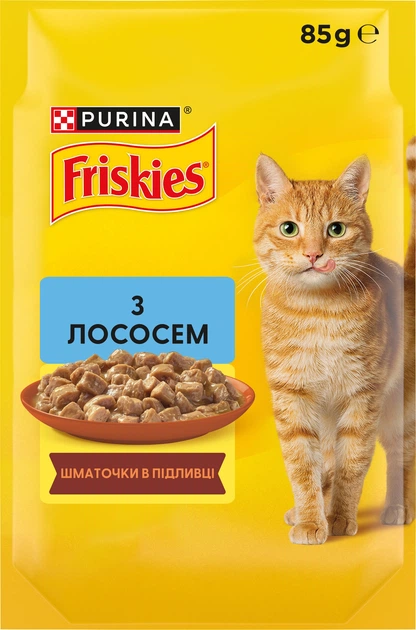 Упаковка вологого корму для кішок Purina Friskies шматочки в підливі з лососем 85 г х 26 шт (7613036962247) - зображення 2