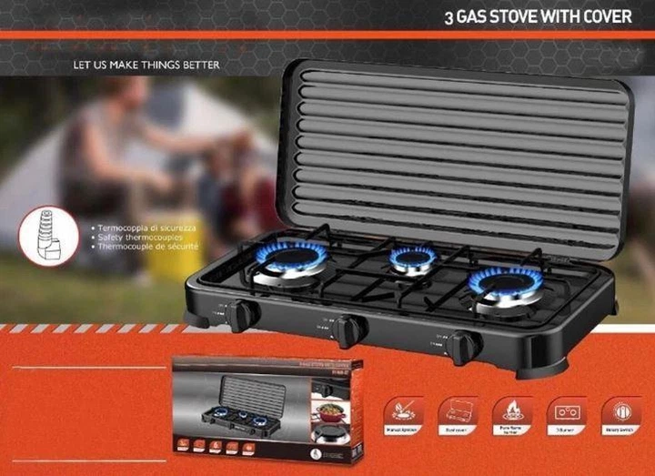Портативна настільна газова плита на 3 конфорки під балонний газ Bobbytec 2855 51.5х30х6 см матовий металевий корпус газовий таганок для дачі дому та кемпінгу Black - Фото 5 Портативна настільна газова плита на 3 конфорки під балонний газ Bobbytec 2855 51.5х30х6 см матовий металевий корпус газовий таганок для дачі дому та кемпінгу Black - зображення 5
