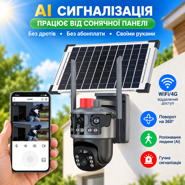 Уличная 4G камера видеонаблюдения Hengda 6 Мп с 3 объективами, поворотом 360°/90° и солнечной панелью - изображение 5