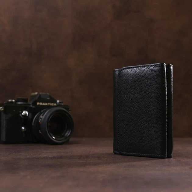 Женский кошелек ST Leather из натуральной кожи черный средний тройного сложения на кнопке с монетницей для карт 9х11 5 см 56513 - изображение 7