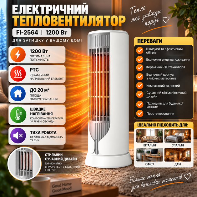 тепловентилятор для кімнати 1200Вт білий (Fl-2564) - изображение 2