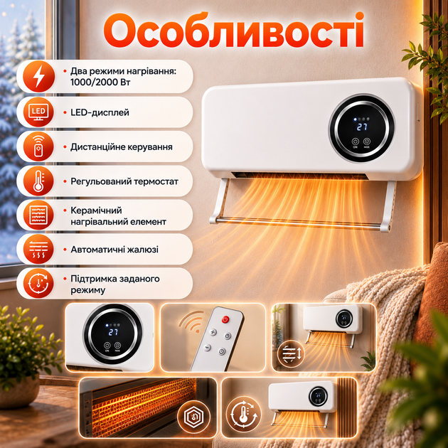 Настенный тепловентилятор Domotec MS-5963 2000 Вт до 20 м² с пультом LED-дисплеем Керамический обогреватель с термостатом - изображение 2